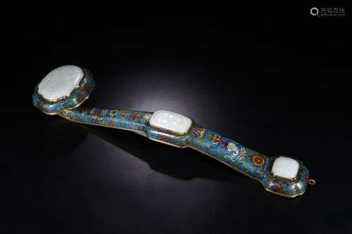 A CHINESE CLOISONNÃ ENAMEL RUYI WITH JADE, WITH