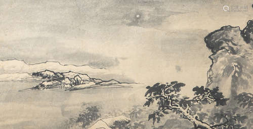 Unbekannter Künstler (wohl Japan), Landschaft, Tuschezeichnung auf Papier, ca. 24 x 44 cm.