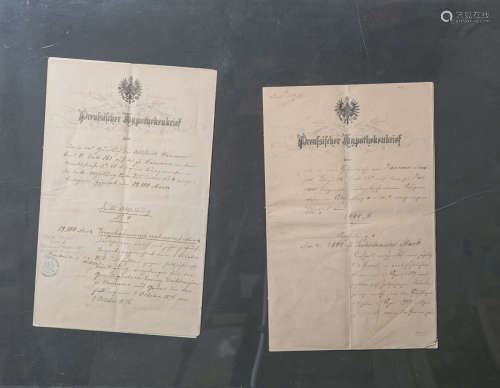 2 preußische Apothekerbriefe (1876), je ca. 33 x 21 cm, hinter Glas gerahmt. Knickspuren,