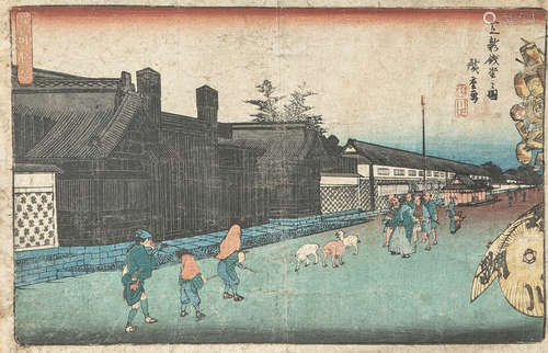 Unbekannter Künstler (Japan), Straßenszene, Farbholzschnitt, mehrfach bez., ca. 24 x 35,5cm. Alte