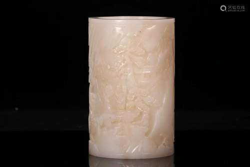 A CHINESE WHITE JADE BRUSH POT WITH QIANLONG FOUR