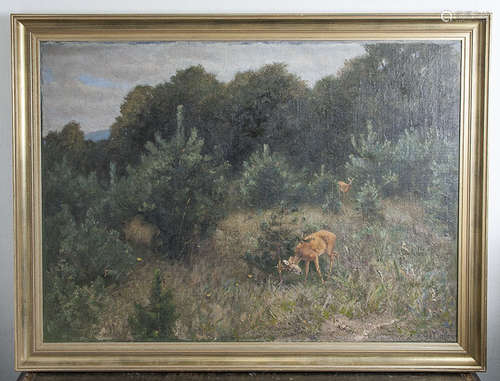 Maffei, Guido v. (1838-1922), Rehe auf einer Waldlichtung, Öl/Lw, re. u. sign., gerahmt,ca. 83,5 x