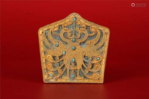 A RARE CHINESE GOLD-INLAID ARCHAIC BRONZE PLAQUE, HAN