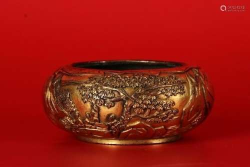 A FINE CHINESE GIT-BRONZE WATER POT WITH  LANDSCAPE