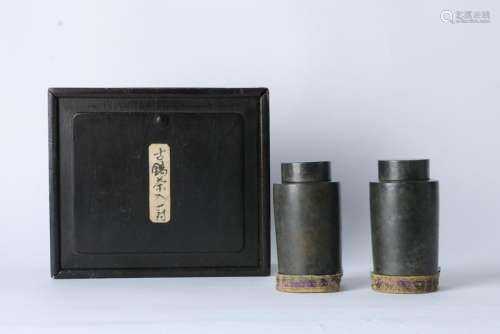 A PAIR OF CHINESE TIN TEABOXES WITH ORIGIN WOOD BOX,