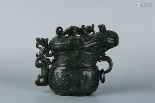 A CHINESE GREEN JADE WINE CUP WITH COVER, QIANLONG