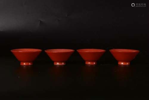 A SET OF FOUR CHINESE CORAL RED GLAZED PORCELAIN CUPS,