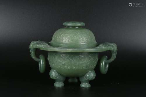 A CHINESE GREEN JADE CENSER,QIANLONG PERIOD, QING