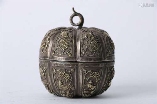 A CHINESE GILT-SILVER PUMPKIN-SHAPED  BOX, QIANLONG