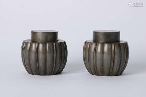 A PAIR OF CHINESE MELON-SHAPED TIN TEABOXES, QING