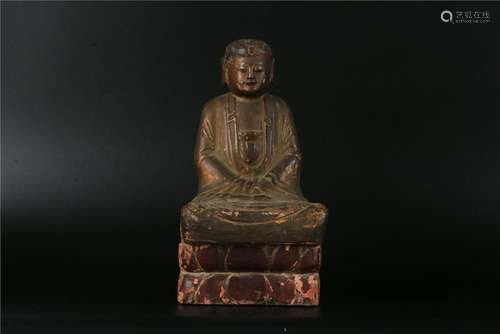 A CHINESE WOOD BUDDA WITH COLOR, QING DYNASTY