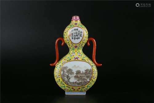 A CHINESE YELLOW GROUND FAMILLE ROSE GOURD-SHAPED VASE,