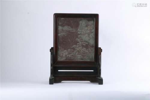 A CHINESE  LANDSCAPE  QIYANG STONE SCREEN WITE ROSEWOOD