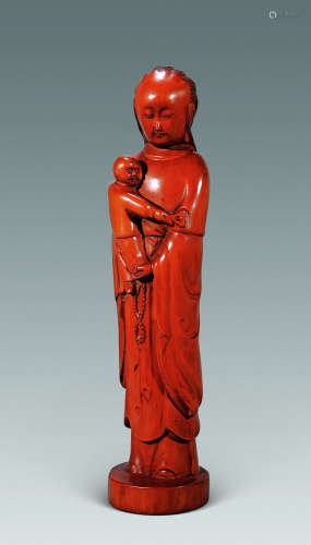 二十世纪 黄杨木雕仕女摆件