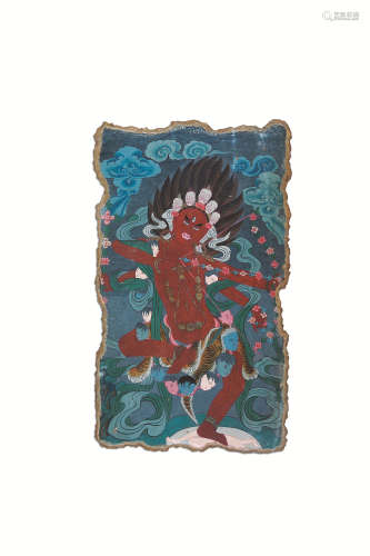清 矿彩手绘西藏百年老庙空行母佛壁画