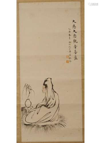 A CHINESE GUANYIN PAPER PAINTING,ATTRIBUTED TO FU RU