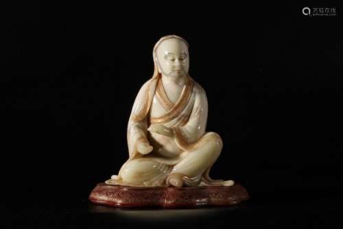 A CHINESE SOAPSTONE FIGURE OF LUOHAN WITH BASE, QING