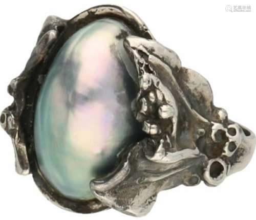 Vintage ring zilver, parelmoer - 835/1000.Setje met collier (3461), oorbellen (3438) en armband (