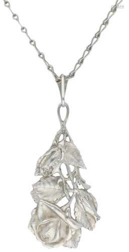 Collier met hanger zilver - 835/1000.Hanger met hangende roos. L: 70 cm. Gewicht: 18 gram.Necklace