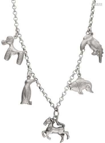 Bedelcollier zilver - 835/1000.Met 5 dieren bedels. L: 42 cm. Gewicht: 14,3 gram.Charm necklace