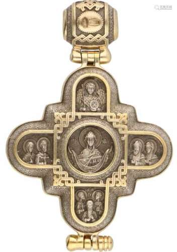 Russische kruisvormige hanger zilver - 925/1000.Orthodox kruis met iconische afbeeldingen. Herkomst: