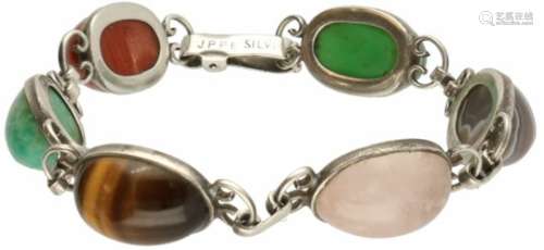 Armband zilver, jaspis, chrysopraas, tijgeroog, rozenkwarts, agaat en jade - 925/1000.L: 20 cm.