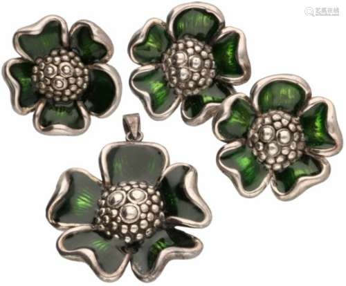 Set bloemvormige hanger/oorbellen/ring zilver, groene emaille - 925/1000.Ringmaat: 17,5 mm,
