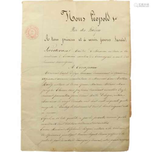 Een handgeschreven document. In naam van Leopold I van België.A handwritten document. In the name of