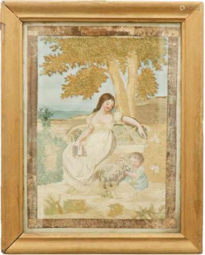 Een empire borduurwerk van moeder en kind onder een boom. Zijde op zijde. Huidtonen geschilderd.Afm.