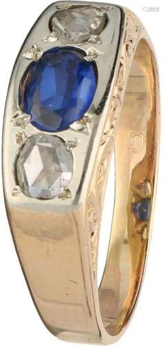 Art Deco ring geelgoud, diamant en saffier - 14 kt.2 Roos geslepen diamanten (doorsnede ca. 4 mm) en