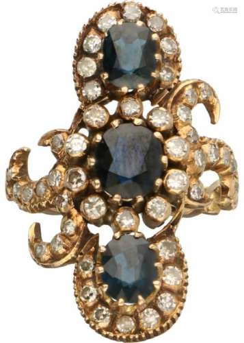 Vintage ring geelgoud, ca. 0.56 ct. diamant en saffier - 14 kt.Set met oorbellen, armband en collier