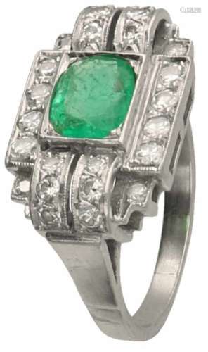 Art Deco tank ring platina, ca. 0.32 ct. diamant en smaragd - Pt 950.24 Single cut geslepen