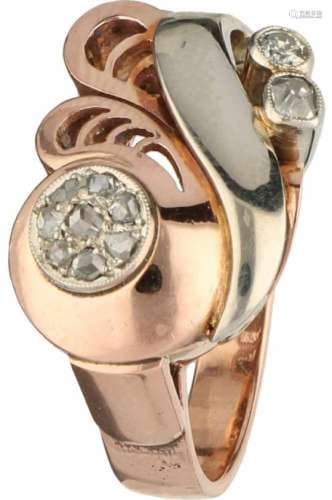 Antieke tank ring bicolor goud, ca. 0.10 ct. diamant - 14 kt.2 Single cut geslepen diamanten (ca.