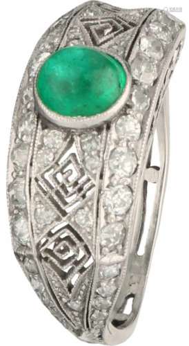 Art Deco ring witgoud met platinum verguld, ca. 0.57 ct. diamant en smaragd - BWG 9 kt.20 Old