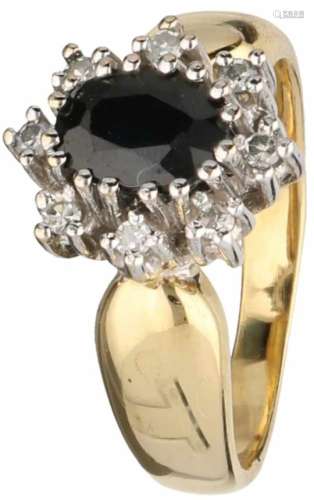 Rozetring geelgoud, ca. 0.08 ct. diamant en saffier - 14 kt.8 Single cut geslepen diamanten (ca. 0.