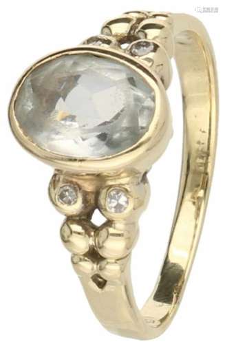 Shoulder ring geelgoud, ca. 0.02 ct. diamant en aquamarijn - 14 kt.4 Single cut geslepen