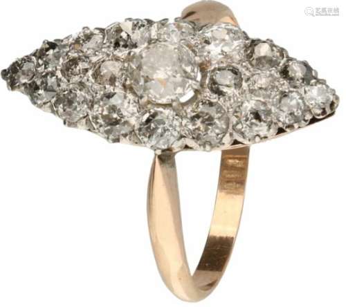 Markies ring rosegoud, ca. 1.14 ct. diamant - 14 kt.19 Old European cut geslepen diamanten (1x ca.