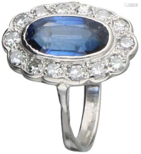 Art Deco ring witgoud, ca. 0.42 ct. diamant en saffier - BWG 10 kt.14 Single cut geslepen