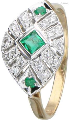 Vintage ring bicolor goud, ca. 0.09 ct. diamant en smaragd - 18 kt.18 Briljant geslepen diamanten (