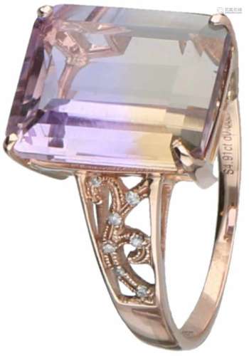 Shoulder ring rosegoud, ca. 0.05 ct. diamant en natuurlijke ametrien - 18 kt.Ametrien uit Anahi mijn