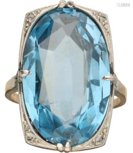 Art Deco ring bicolor goud, diamant en aquamarijn - BWG 10 kt.5 Roos geslepen diamanten (doorsnede