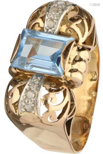 Art Deco tank ring geelgoud, diamant en blauwe topaas - 18 kt.6 Roos geslepen diamanten (doorsnede