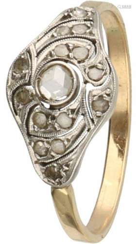 Art Deco ring geelgoud, diamant - 18 kt.15 Roos geslepen diamanten (1x doorsnede ca. 3 mm en 14x ca.