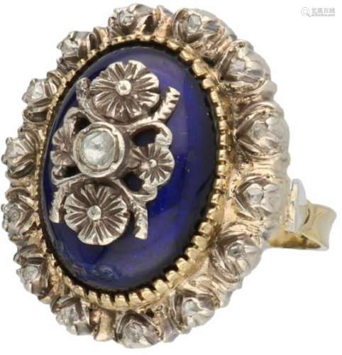 Antieke ring goud/zilver, diamant en blauwe emaille - 18 kt. en 925/1000.15 Roos geslepen