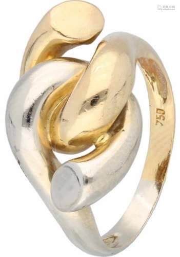 Geknoopte ring bicolor goud - 18 kt.Ringmaat: 18,25 mm. Gewicht: 5,4 gram.Knotted ring bicolor