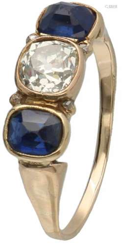 Vintage ring geelgoud, ca. 0.87 ct. diamant en saffier - 14 kt.5 Old mine cut geslepen diamanten (1x