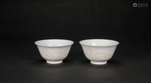 Late Qing- A Pair Of White Glaze Carved âWave and Two