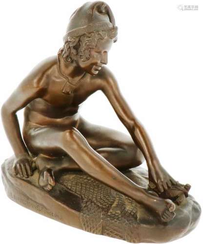 Naar François Rude (1784-1855).Le pêcheur Napolitain. Bronzen sculptuur. Gesigneerd en met