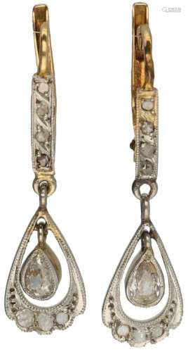 Art Deco oorbellen bicolor goud, ca. 0.17 ct. diamant - 18 kt.2 Peervorm geslepen diamanten (ca. 0.