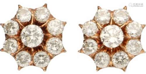 Rozet oorbellen rosegoud, ca. 2.14 ct. diamant - 14 kt.18 Briljant geslepen diamanten (2x ca. 0.27